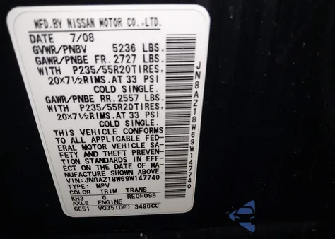 2009 Nissan Murano Le from USA, damaged, VIN JN8AZ18W69W147740